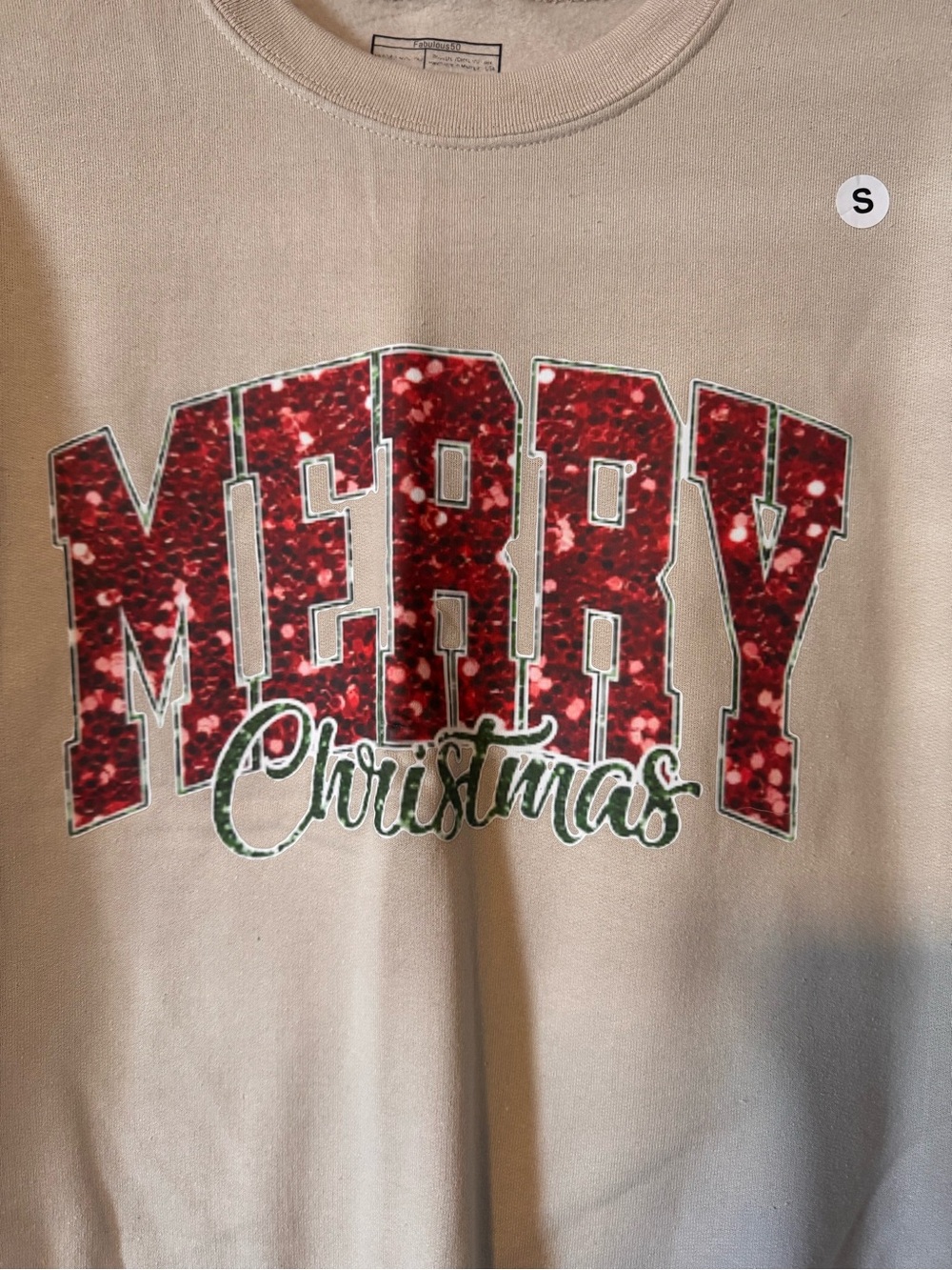 Gildan Cream Sweatshirt with Red Sequin 'MERRY' & Green 'Christmas' Script